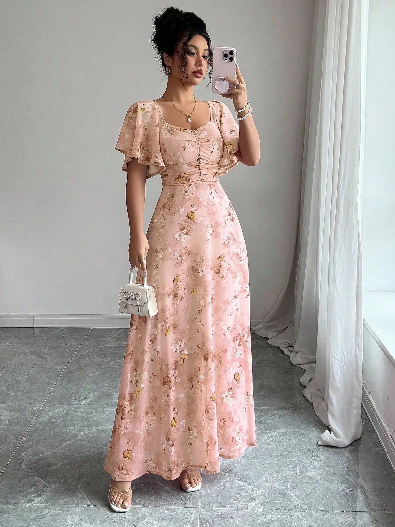 Pink Butterfly Print Chiffon Maxi Dress with Ruched Bodice and Batwing Sleeves for Summer