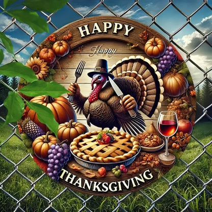 "'Happy Thanksgiving' – 1pc 2D Round Plaque | Embellished with Turkey & Autumn Harvest Motifs – Perfect for Holiday Decor"