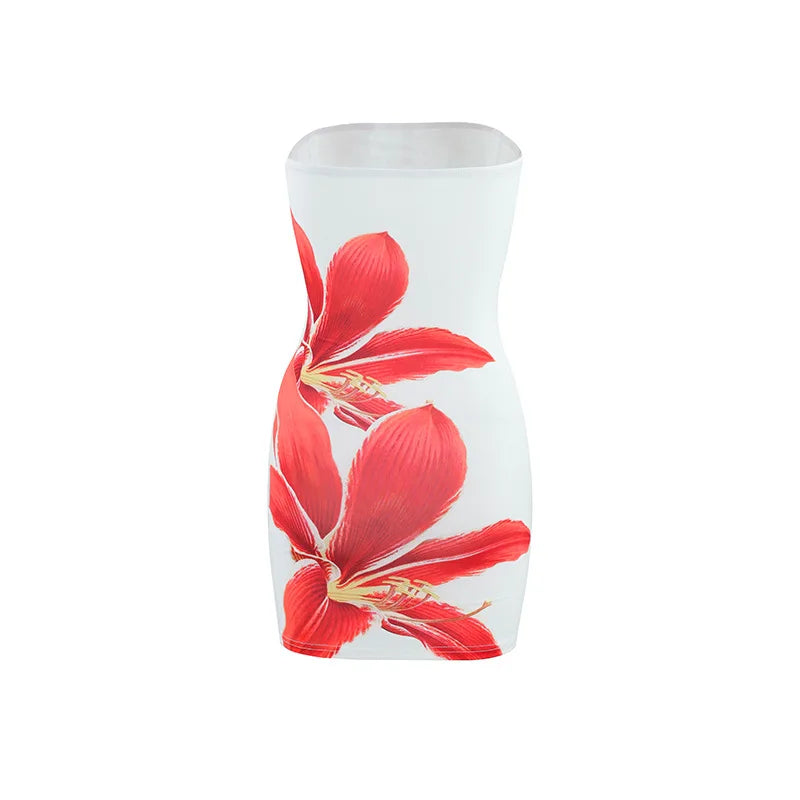 Sexy strapless floral print backless slim fit dress for women in summer 2025 comfortable and elegant beach vacation short skirt