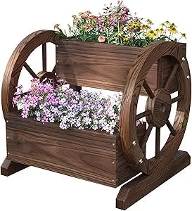 Aoxun Outdoor Wooden Wishing Well Planters with Hanging Bucket, Garden Helper, Rustic Garden Decor for Outside, Yard and Patio,