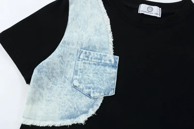 AP washed jeans patch collection children boys girls spring summer denim casual family matching clothing jumper tee skirt