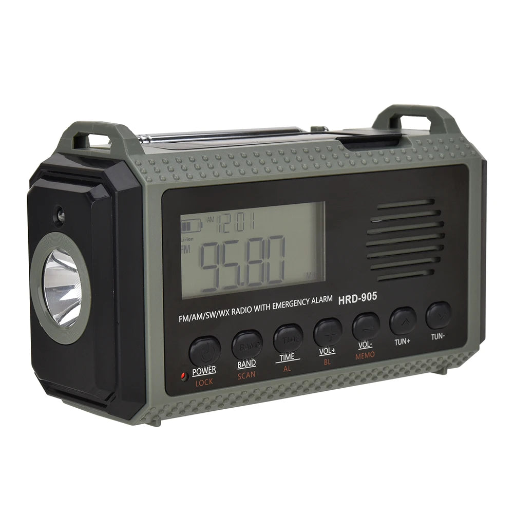 Small Rechargeable Portable Radio Solar Powered Emergency Power Bank survival with LED Flashlight USBC Charging Hand Crank Radio