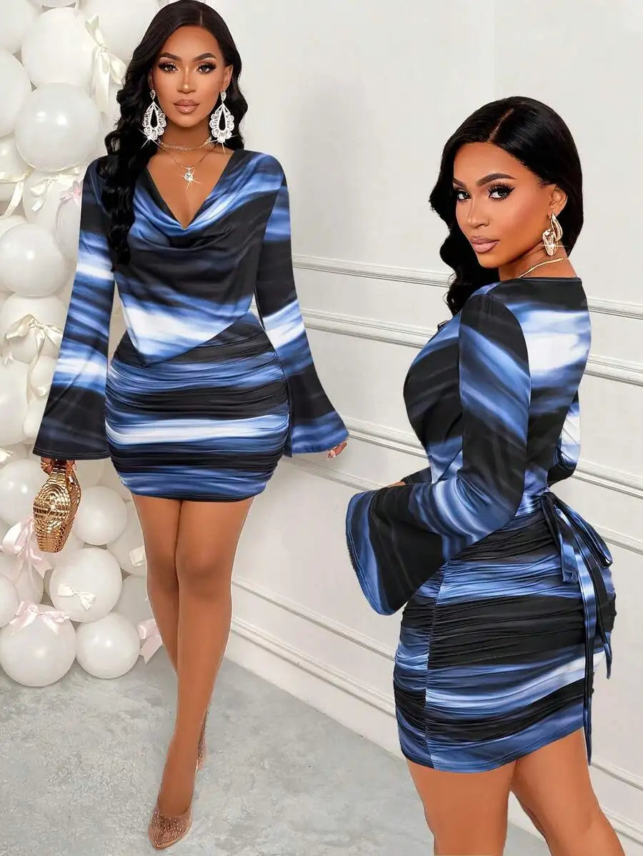 Sparkly Brown V-Neck Ruched Mini Dress with Flare Sleeves and Tie Waist