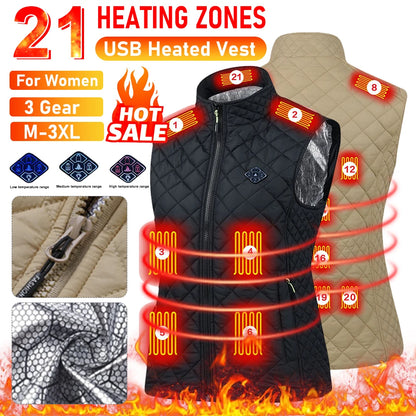 Women 21 Heating Zones Vest Autumn and Winter Electric Heated Jackets USB Heating Vest Outdoor Thermal Winter Warm Jacket M-3XL