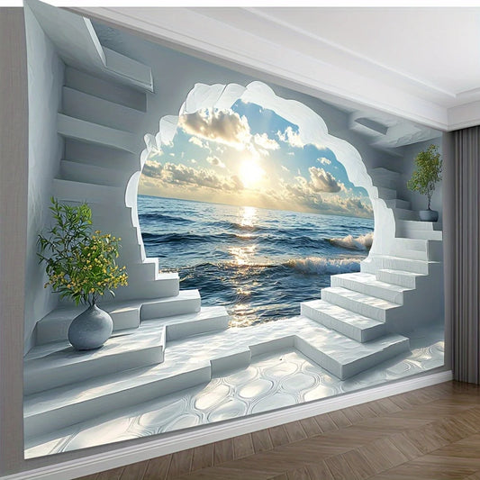 Seaside Window Scene Tapestry - Soft polyester wall art with vibrant ocean scenery, hand-stitched edges, bedroom and home decor