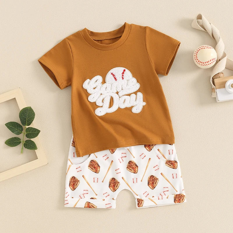 Toddler Boys 2-Piece Outfit Short Sleeve Tee with Fun Embroidery and Matching Baseball Print Shorts for a Stylish Summer Look