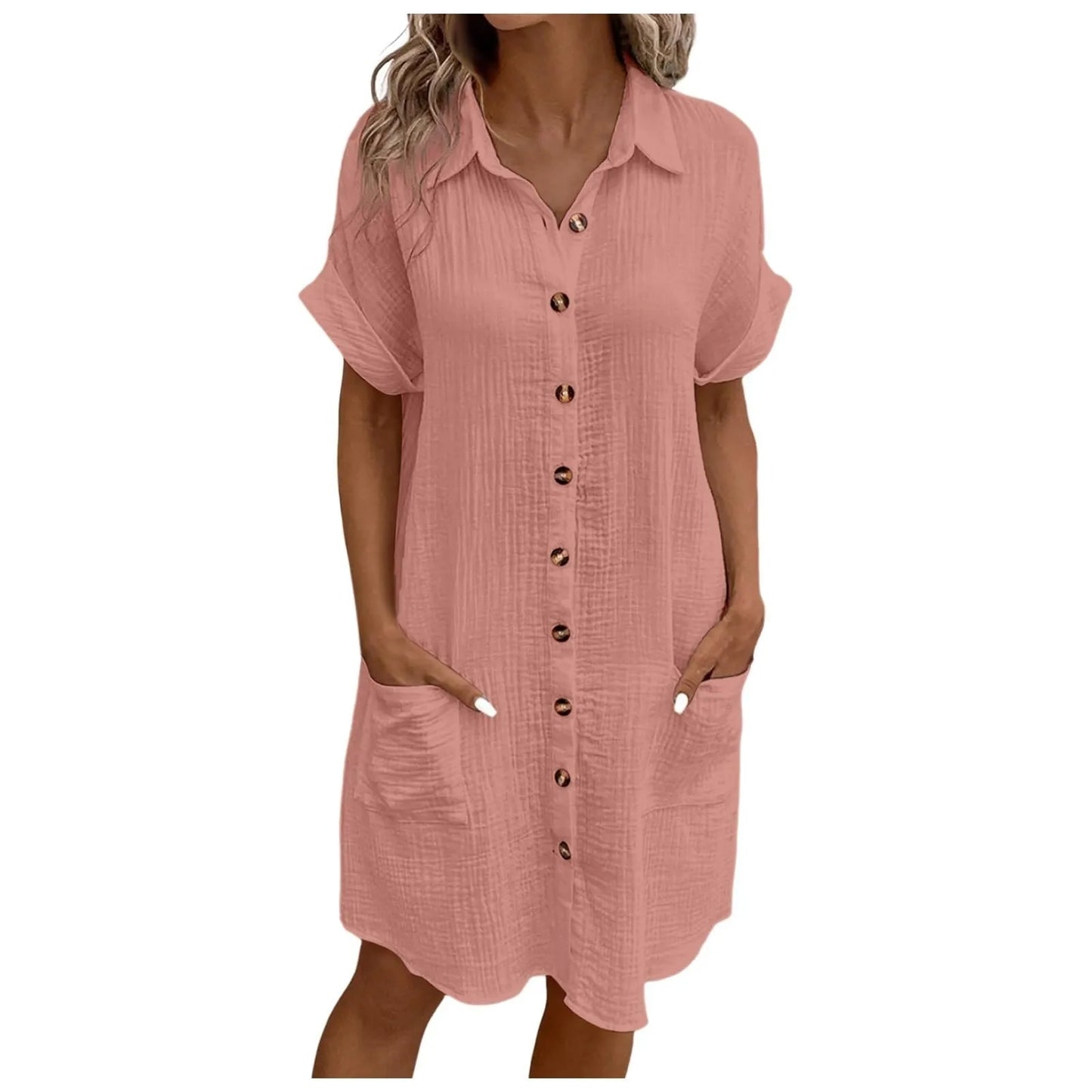 Women'S Fashion Summer Minimalist V-Neck Button Up Dress Woman Cotton Linen White Short Sleeved Pocket Casual Loose Shirt Dress