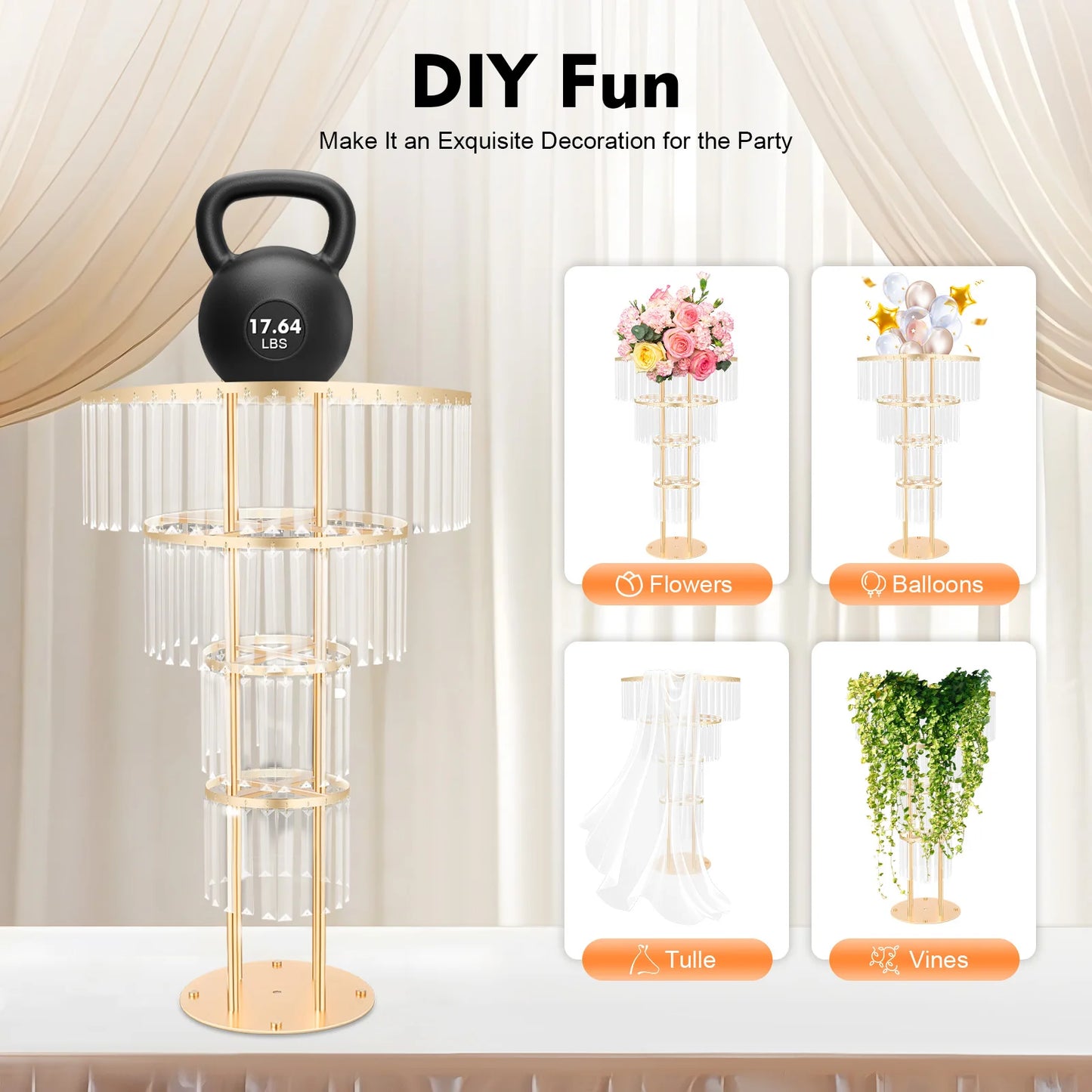 3-Tier/4-Tier Gold Crystal Flower Stand Electroplated Iron Freestanding for Wedding Party Event Decoration