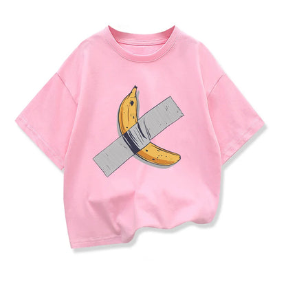 Children Clothes Bananas on the wall Graphic Kids Fashion Short Sleeve T-shirt Popular Design Kids Crewneck Loose Cotton Tees