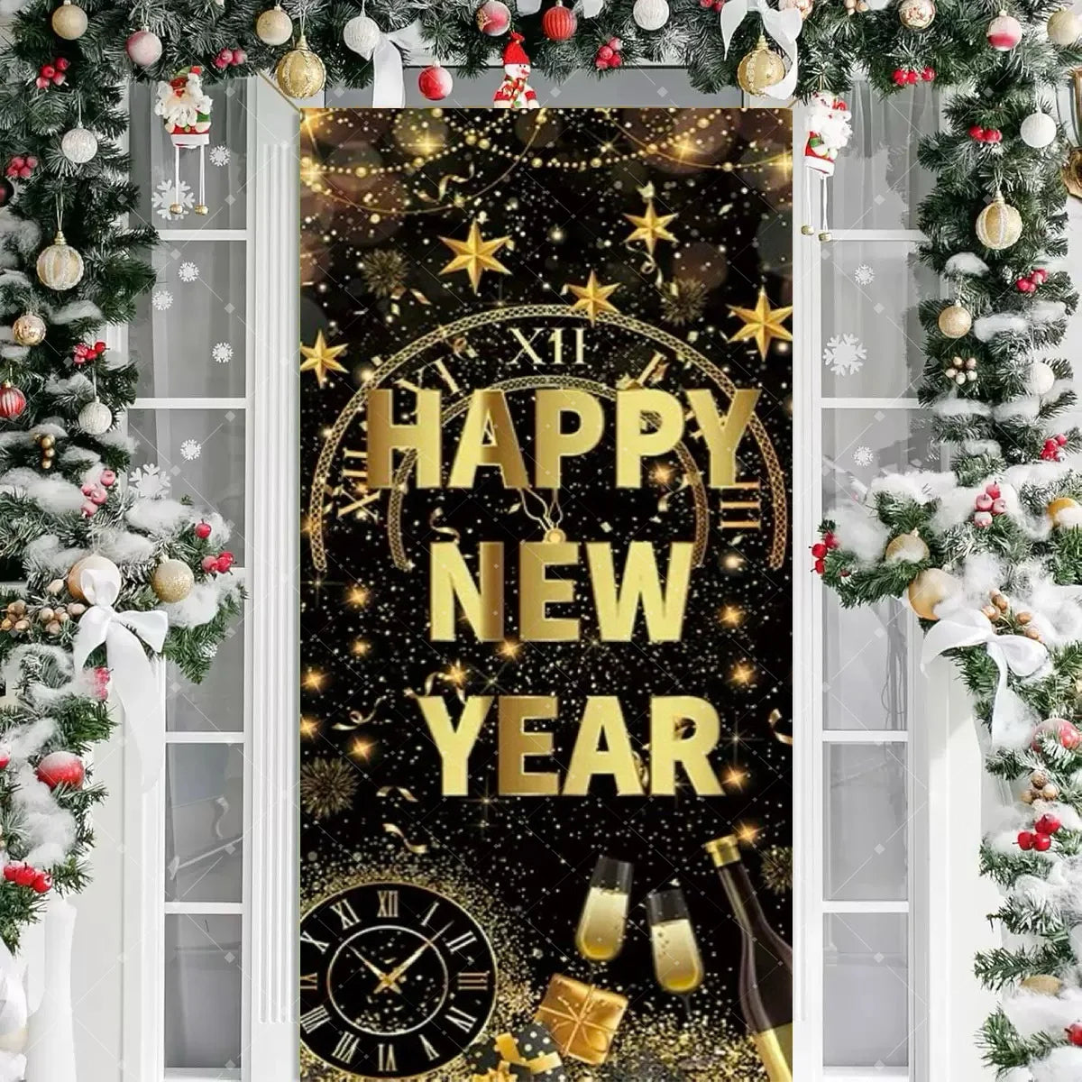 Black Gold 2026 Happy New Year Theme Party Door Decor Backdrop New Year Clock Gift Champagne Party Cake Table Porch Decor Banner
