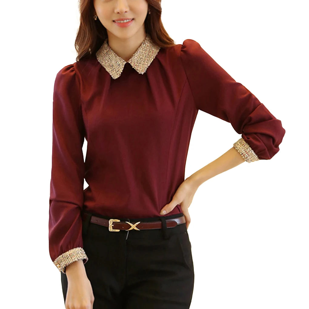 Doll Collar Shirt Chiffon Blouse Slim Fit Long Sleeve OL Shirt Lapel Pullover Shirt Tops Sweatshirt
