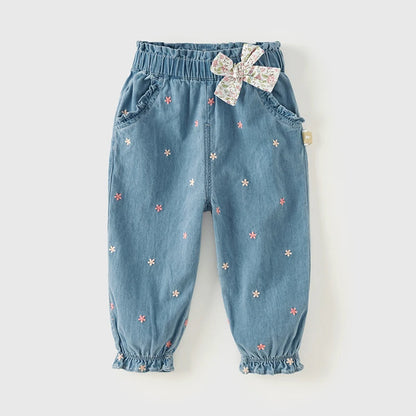 Dave Bella Girl's Embroidery Jeans Denim Pants Elastic Flower Band Spring Autumn Trousers Children's Casual Jeans DB3242342