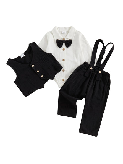 Toddler Boys Winter 4Pcs Outfit Set Long Sleeve Lapel Button Shirt Vest Suspender Pants Bowtie Sets Warm Clothes
