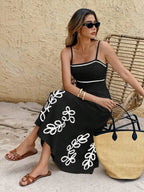 Cream Embroidered Leaf Pattern Spaghetti Strap Midi Dress Summer Casual Beach