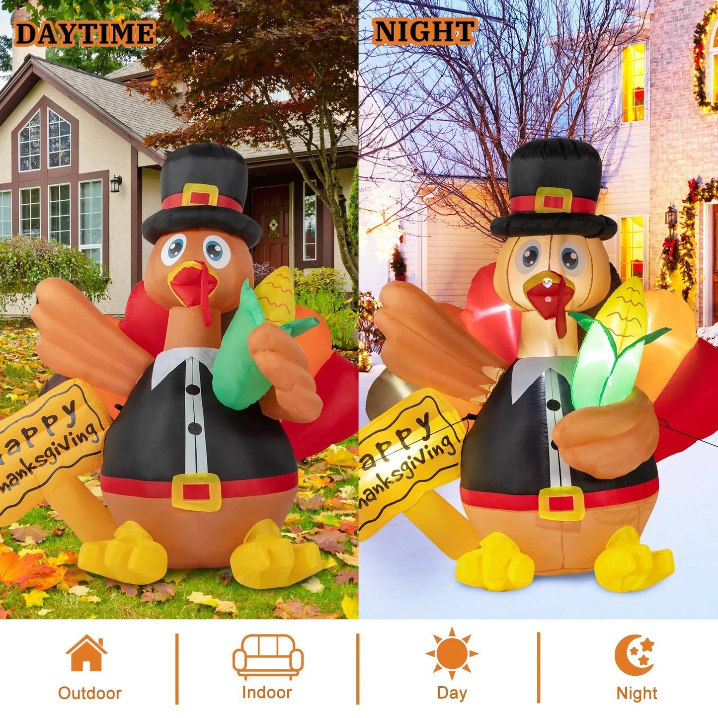 5FT Thanksgiving Inflatable LED Lighted Turkey Air Blow up Lawn Yard Decoration