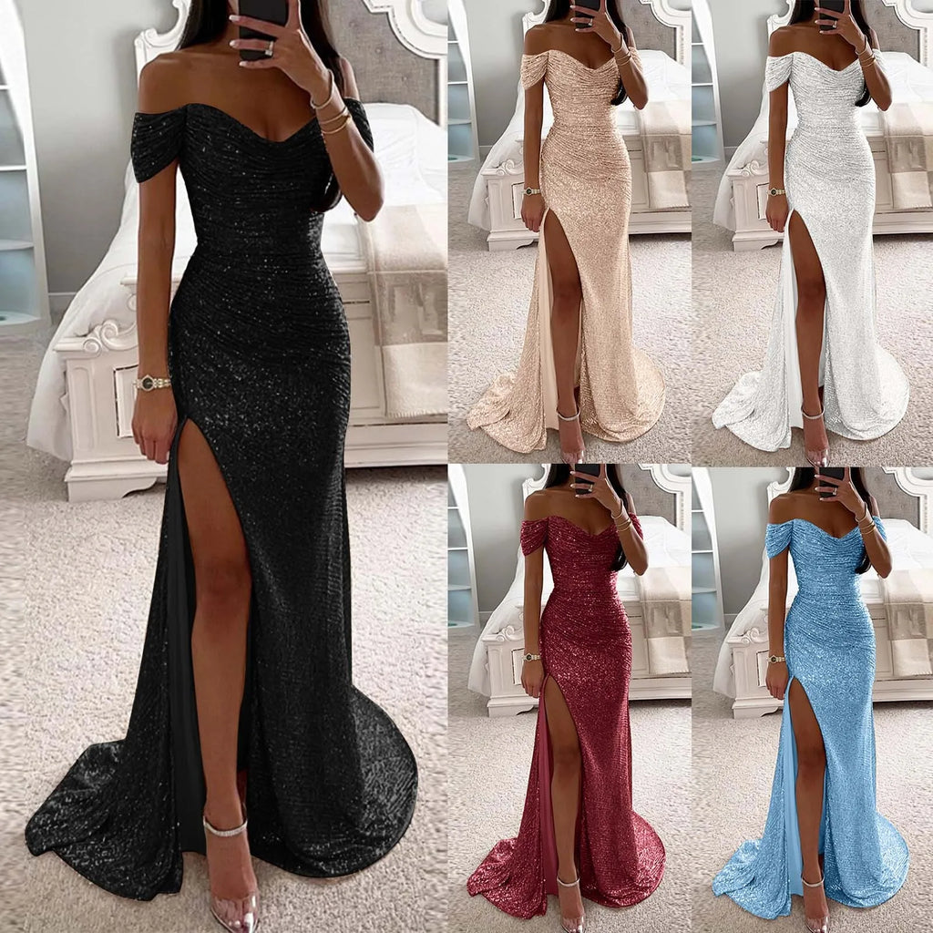 Women's Off Shoulder Prom Dresses Sexy Sequins Sleeveless Solid Floor Length Dress Elegant Bridesmaid Evening Dress Prom Gowns