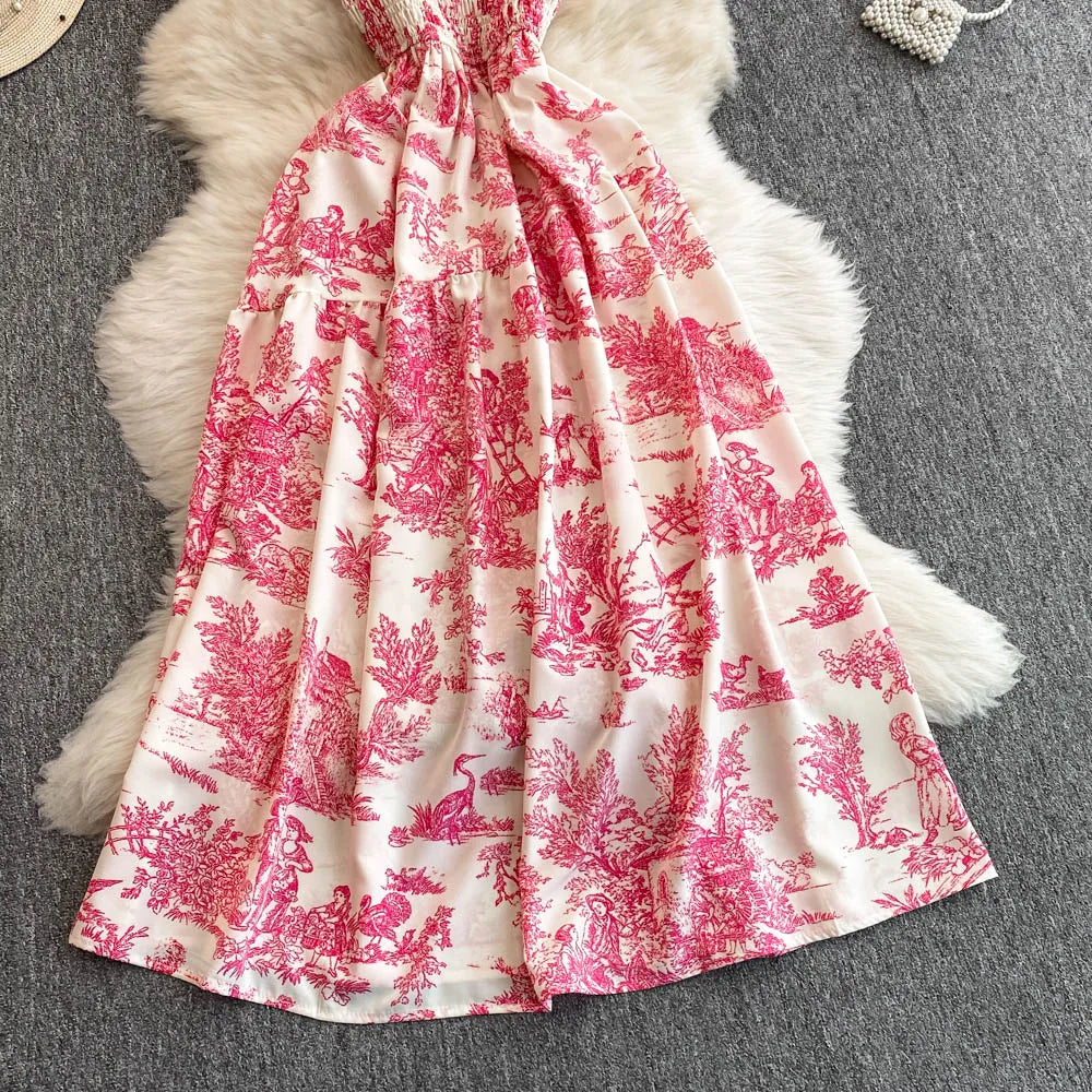2025 New Summer Pink/Purple Flower Print Romantic Retro Party Dress Elastic High Waist Vacation Long Dress Beach Vestido