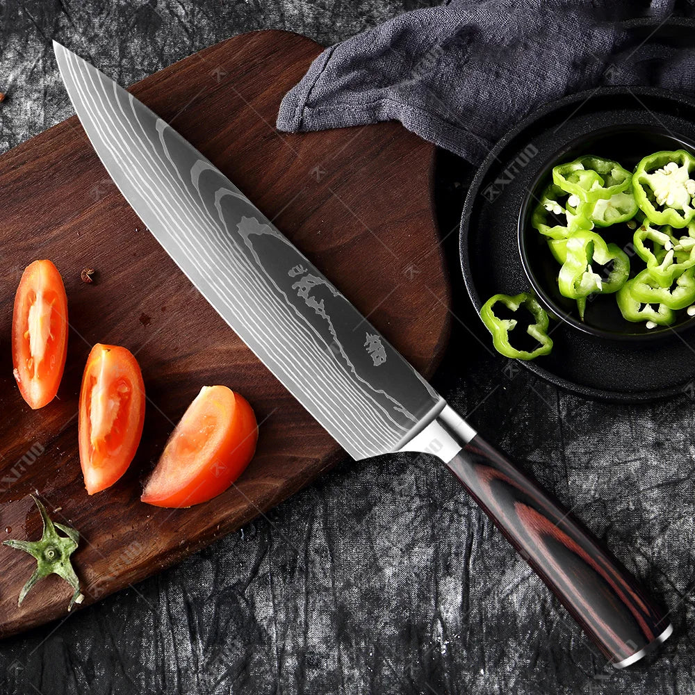 High quality 440C German Steel Kitchen Knife Damascus Laser Pattern Chef Knife Cleaver Filleting Santoku Knife Best Kitchen Tool