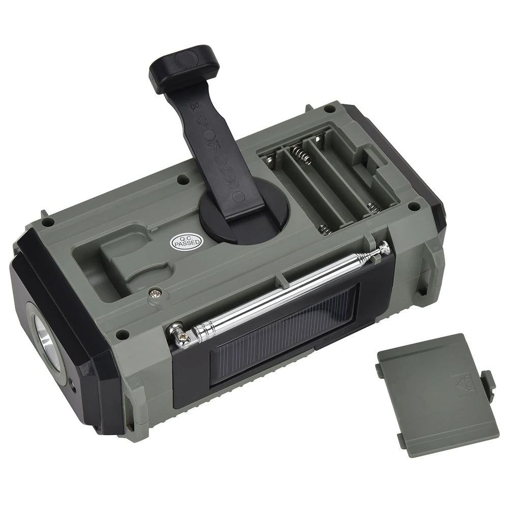 Small Rechargeable Portable Radio Solar Powered Emergency Power Bank survival with LED Flashlight USBC Charging Hand Crank Radio