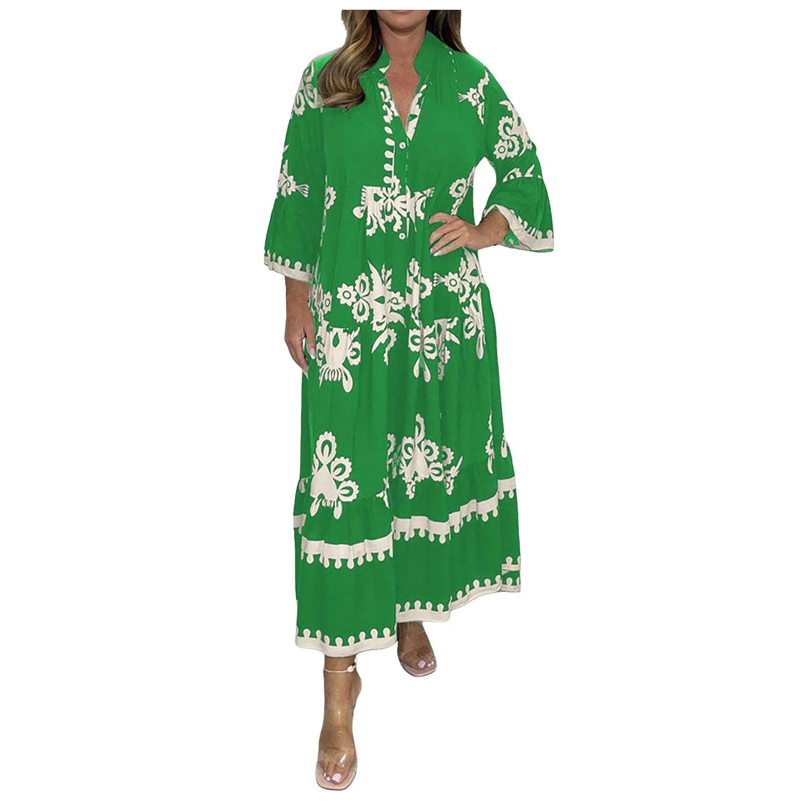 Casual Long Dresses Womens Summer Retro V Neck Print Long Sleeve Dresses Elegant High Quality Party Formal Vestidos Women