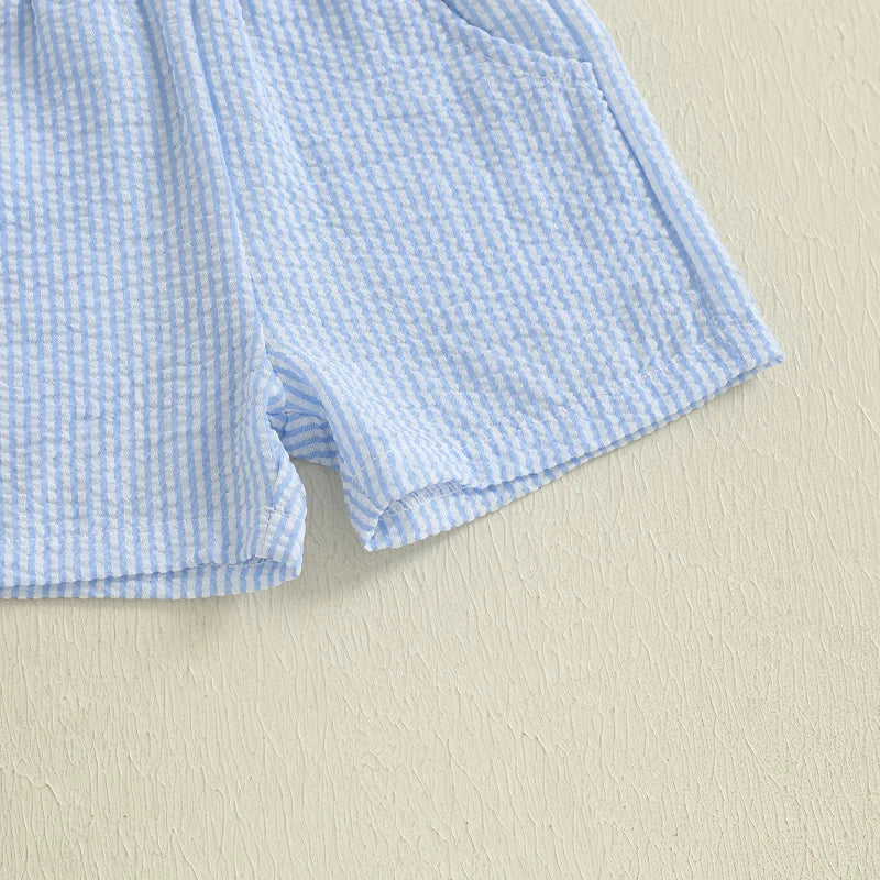 Boys Summer Outfit Set with Short Sleeve Ocean Animal Embroidered Top and Striped Shorts - Cute and Comfy Summer Wear