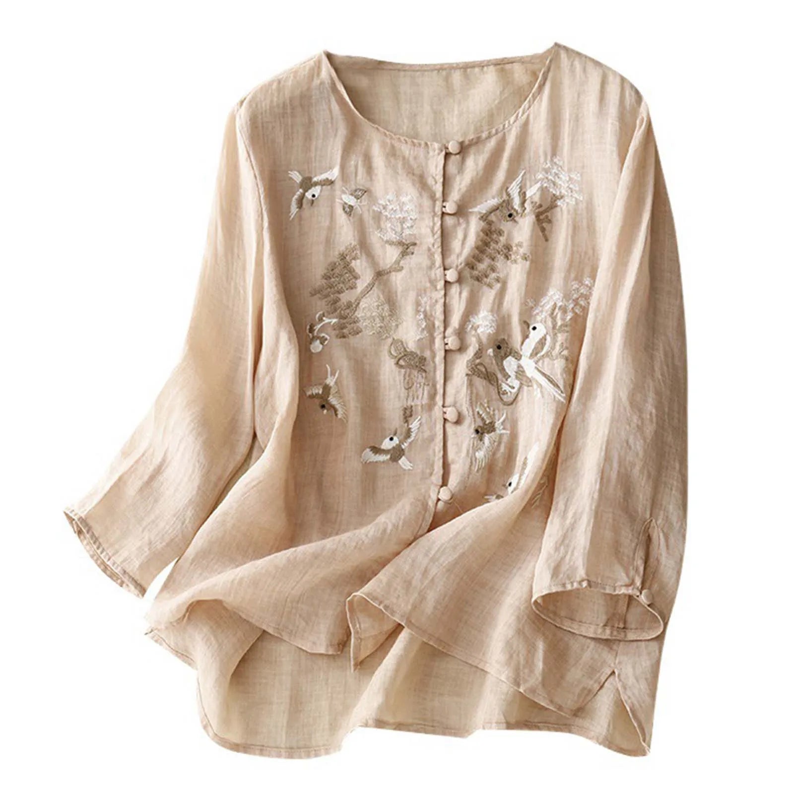 Summer Cotton Linen Shirts & Blouses For Women Vintage Embroidered Loose Fit Shirt Casual Blusas Camisas Solid Tops Blouse 셔츠