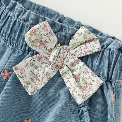 Dave Bella Girl's Embroidery Jeans Denim Pants Elastic Flower Band Spring Autumn Trousers Children's Casual Jeans DB3242342