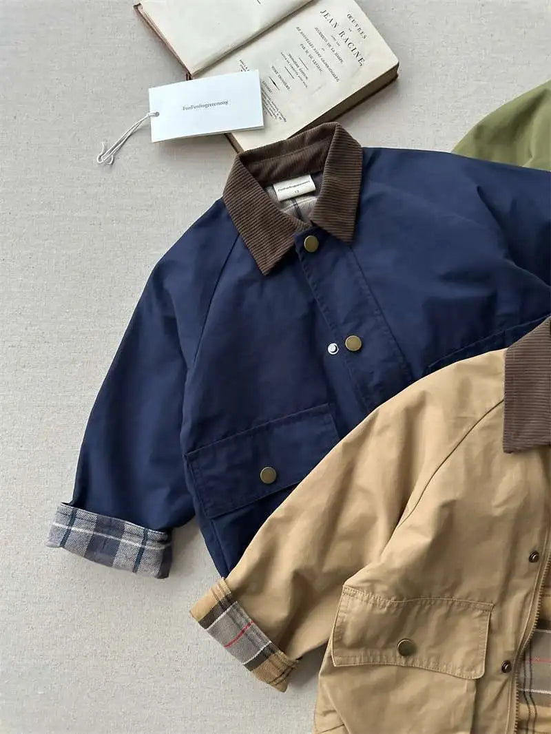 2025  Spring Autumn Kids Boys Jacket Plaid Spliced Pocket Long Sleeve Toddler Boys Outerwears Coat Children Boys Jacket