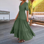 Women Button Drawstring Maxi Dresses Summer Lantern Sleeve Solid Color Boho Long Dresses Sexy A Line Tierred Large Swing Dress