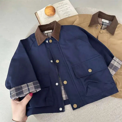 2025  Spring Autumn Kids Boys Jacket Plaid Spliced Pocket Long Sleeve Toddler Boys Outerwears Coat Children Boys Jacket