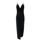 Black Dresses Women Glitter Sequined Sleeveless Suspender Long Dress Women's V-Neck Bodycon Backless Floor Length Split Dress