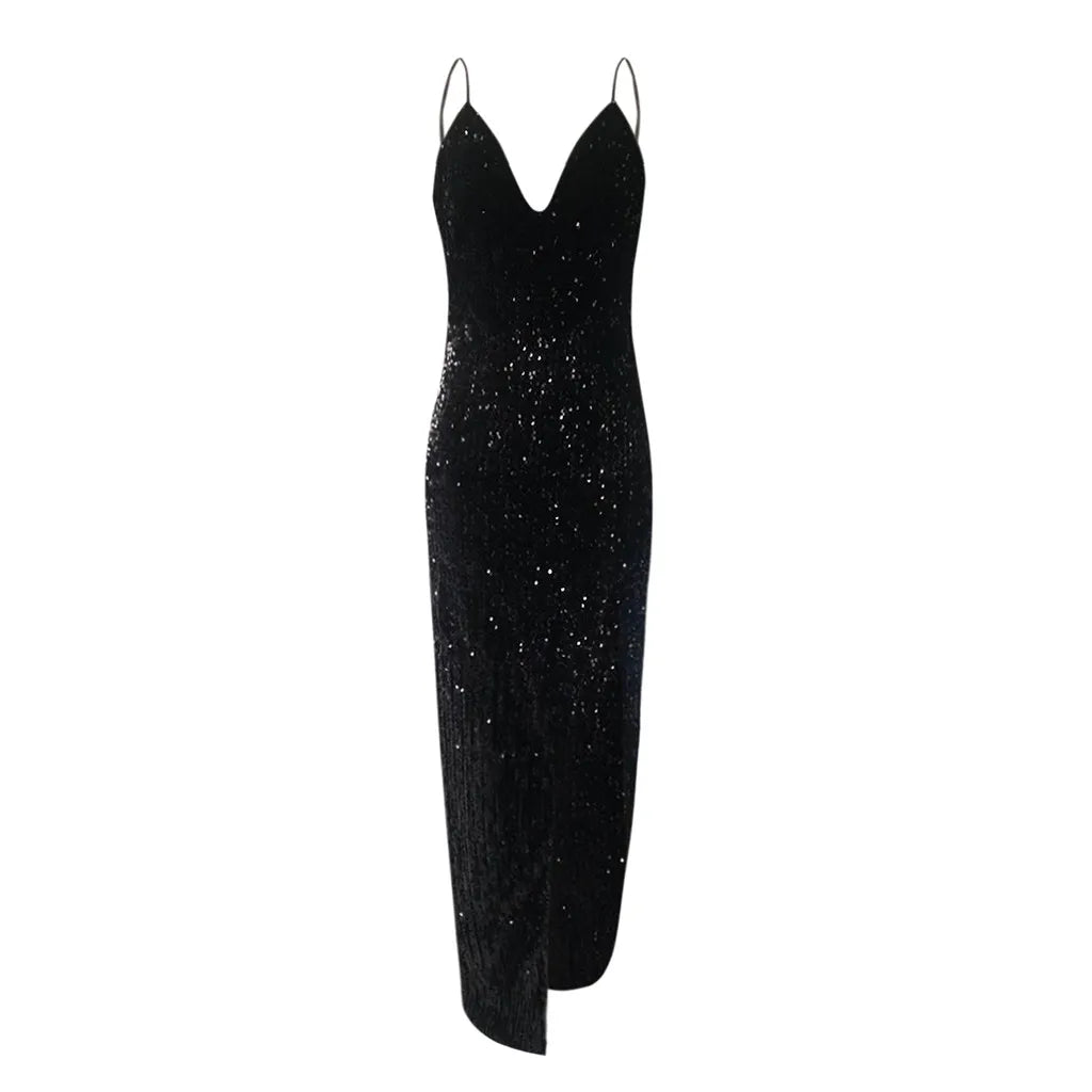 Black Dresses Women Glitter Sequined Sleeveless Suspender Long Dress Women's V-Neck Bodycon Backless Floor Length Split Dress