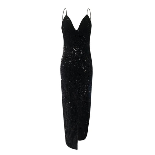 Black Dresses Women Glitter Sequined Sleeveless Suspender Long Dress Women's V-Neck Bodycon Backless Floor Length Split Dress