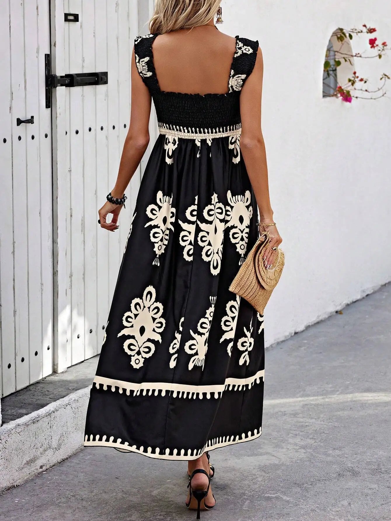 VEITCHE Summer Vacation Style Women Dress Fashionable Printed Sexy Sleeveless Strap Casual Comfortable Beach Long Sundress