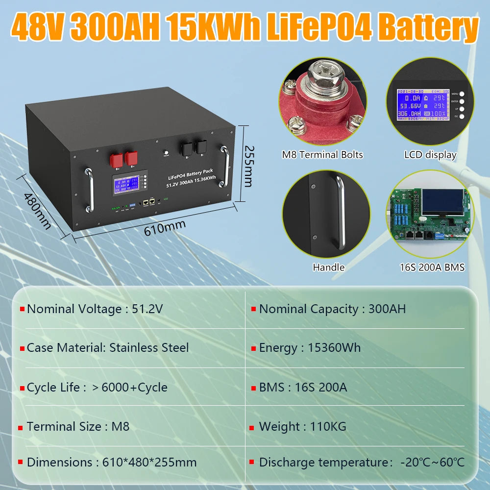 EU PL Stock 48V 300Ah LiFePO4 Battery Pack 15Kwh 100Ah 120Ah 200Ah 150Ah 6000+ Cycles Built-in BMS RS485 CAN Home Energy Storage