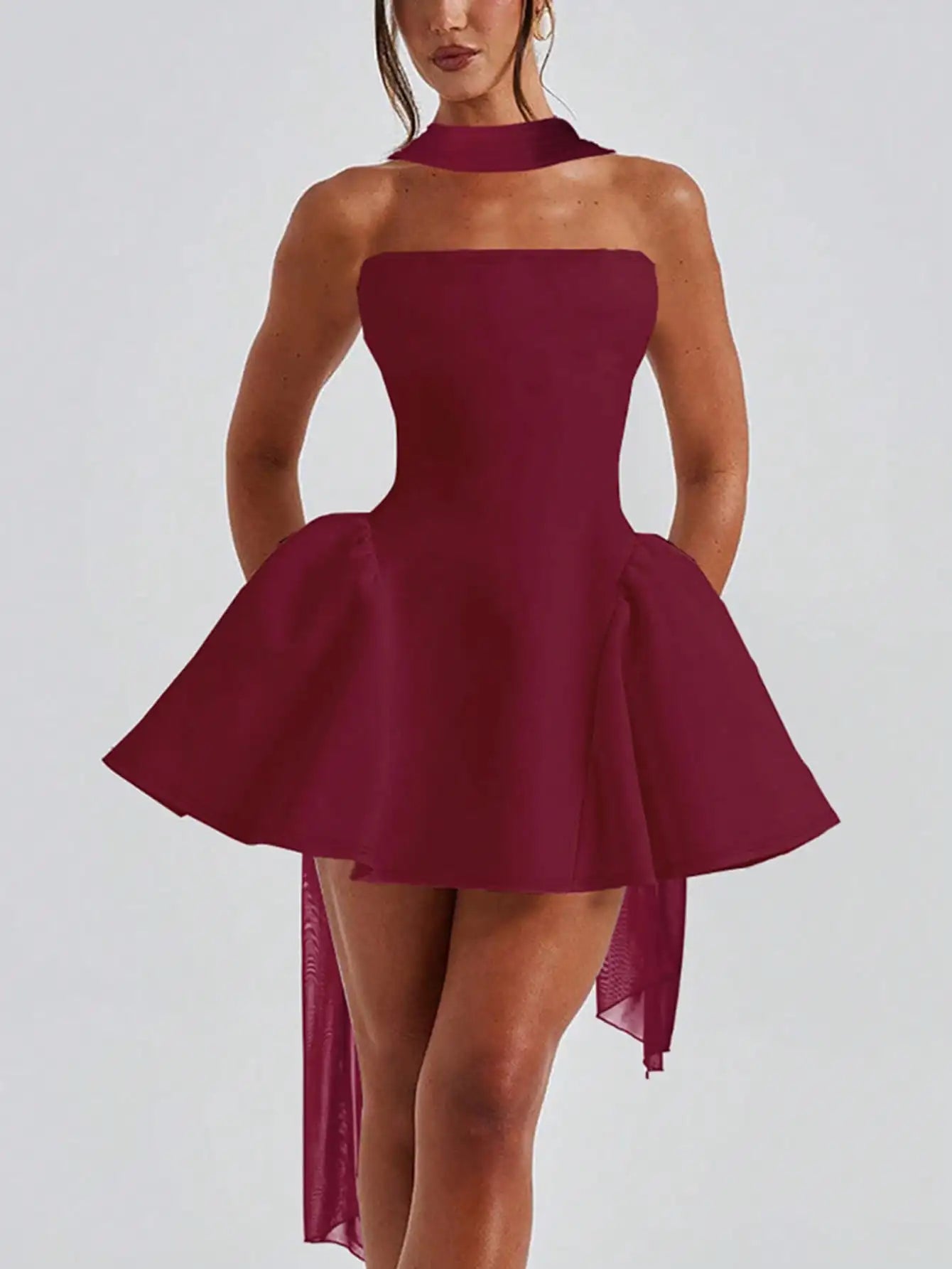 Burgundy Strapless Mini Dress with Choker Neckline and Flared Skirt