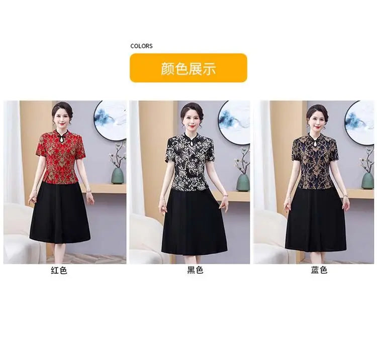 Mom's Summer New Style Cheongsam Elegant and Slimming Middle-aged Women's Wear Fake Two-piece Dress