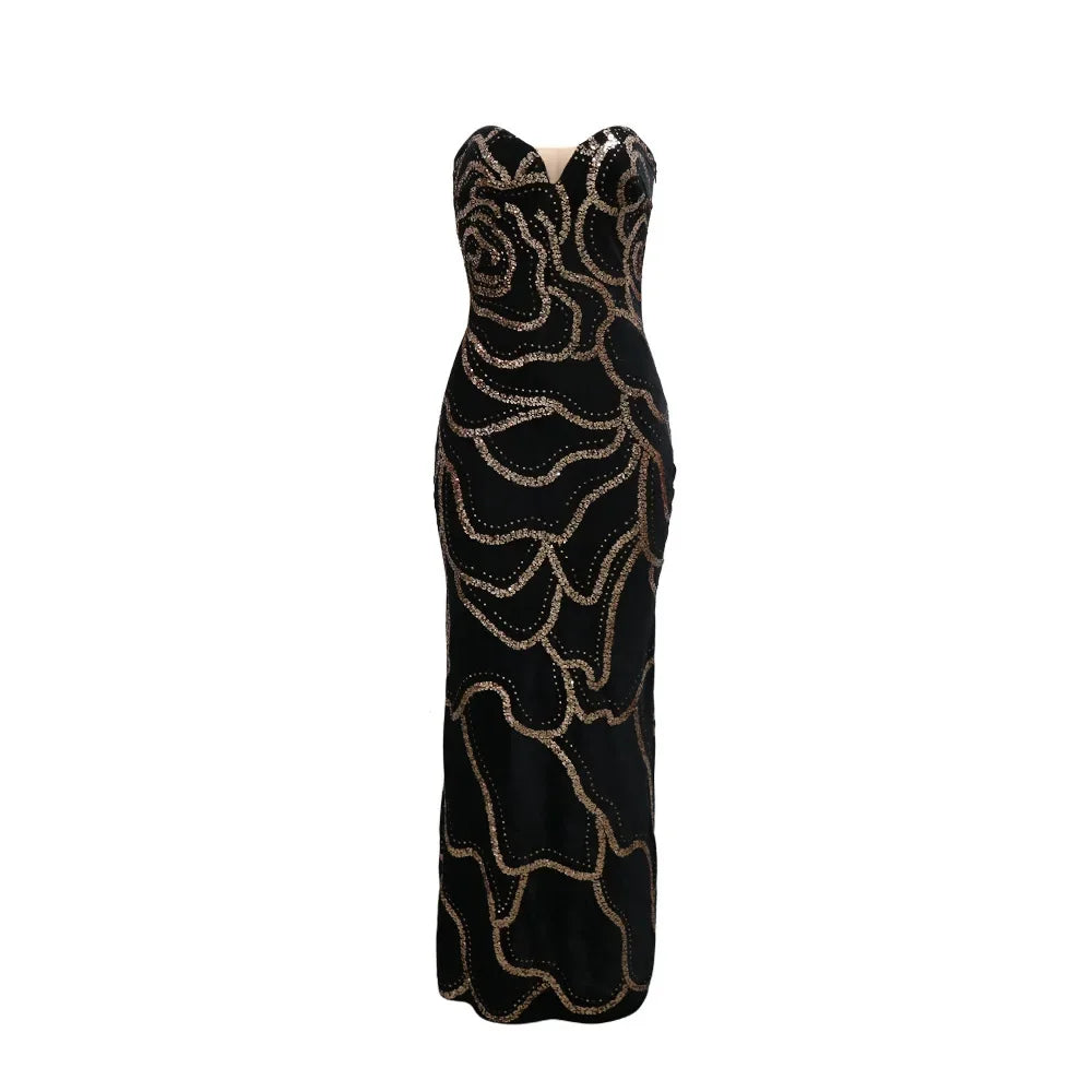 2024 Fall Floral Sequined Strapless Women Sleeveless Long Dress Sexy Birthday Party Evening Prom Maxi Dresses Vestidos