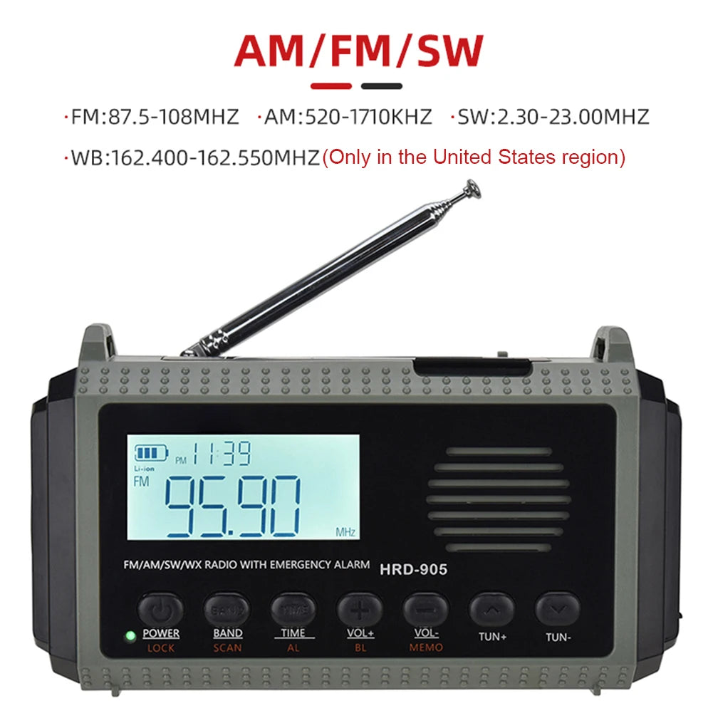 Small Rechargeable Portable Radio Solar Powered Emergency Power Bank survival with LED Flashlight USBC Charging Hand Crank Radio