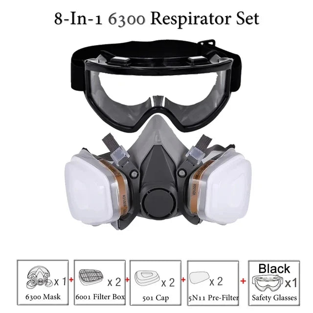 8-In-1 6300/6200 Dust Gas Mask With Safety Glasses Half Face Gas Respirator For Painting Spraying Polishing Work Safety