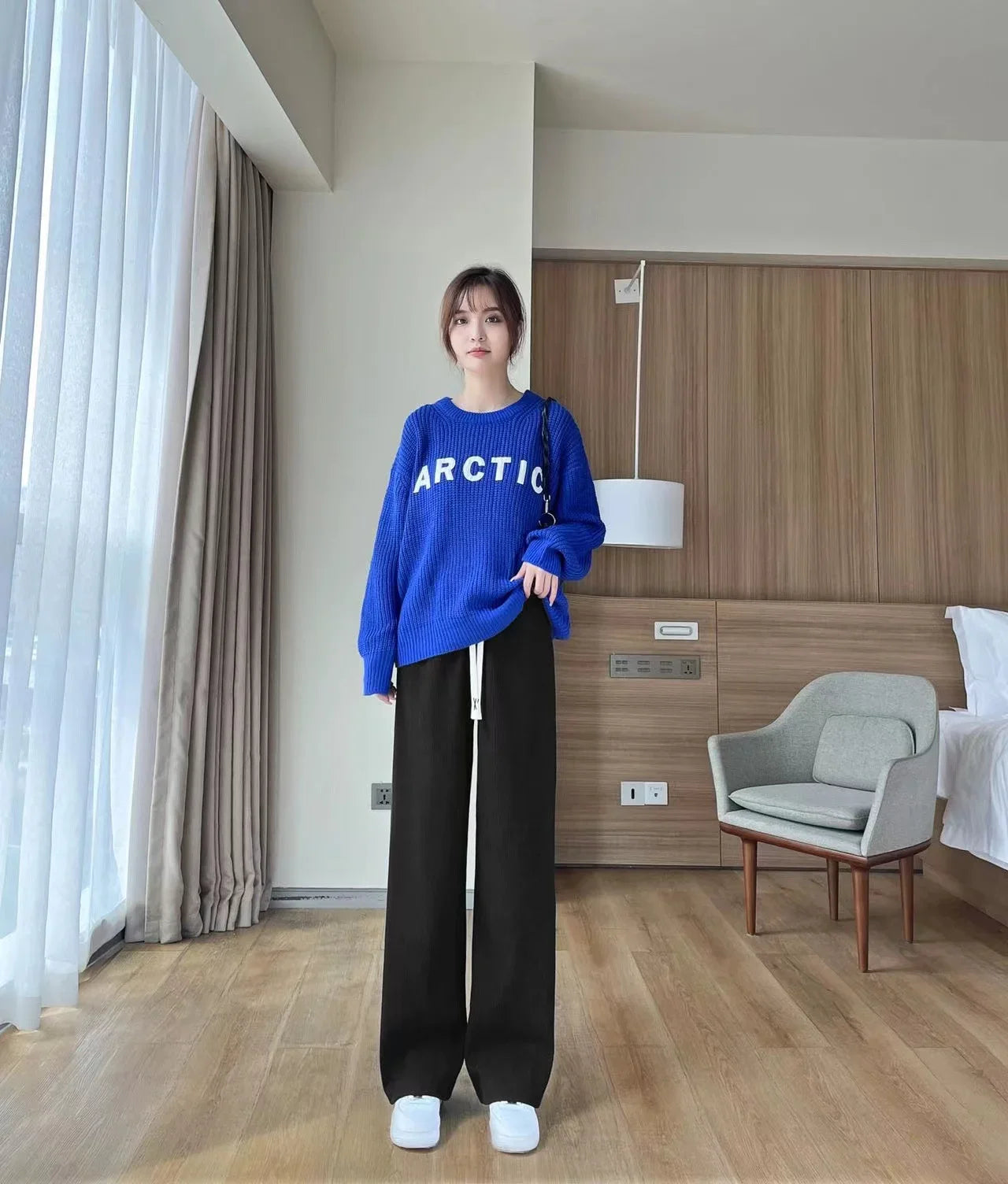 Women's Fleece Wide Leg Pants Winter High Waist Long Pants Loose Casual