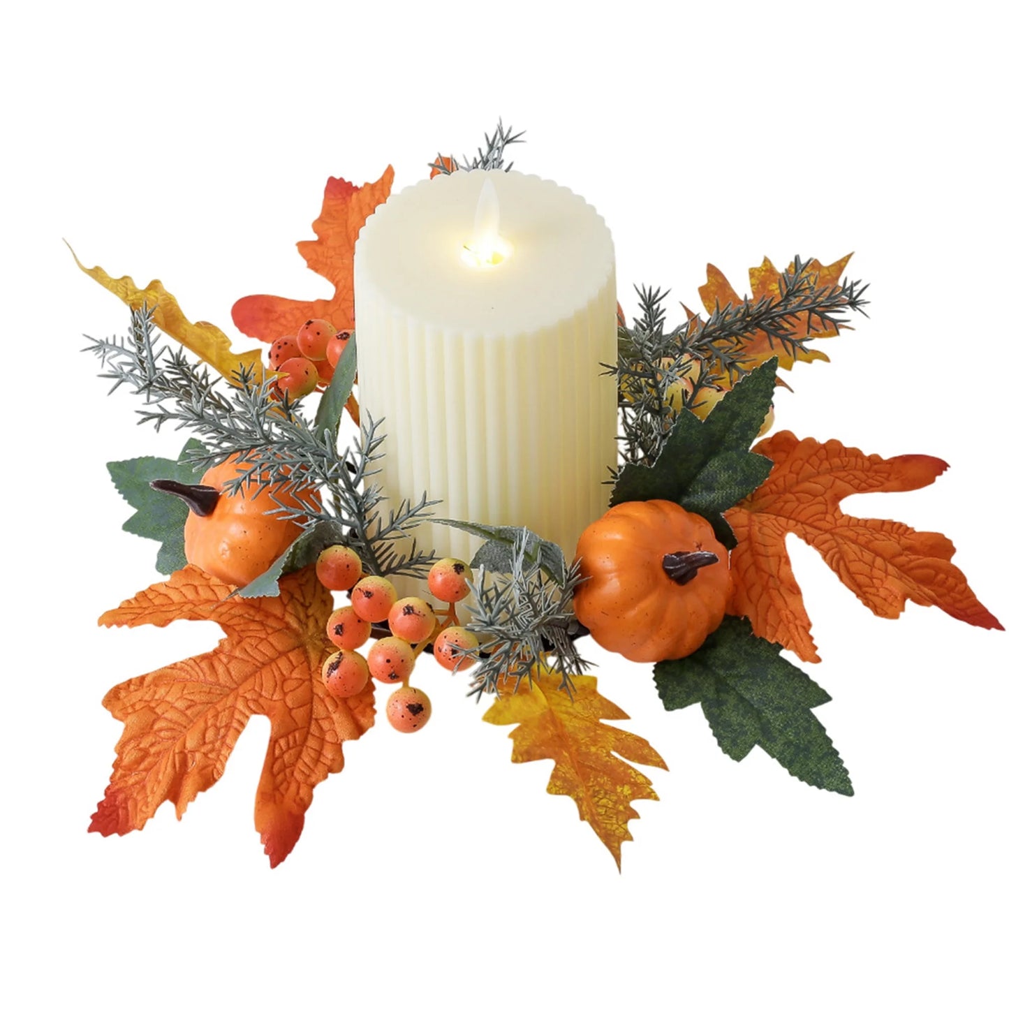Fall Harvest Pumpkin Maple Leaf Candle Ring Wreath for Thanksgiving Farmhouse Table Centerpiece Decorations and Festival Display