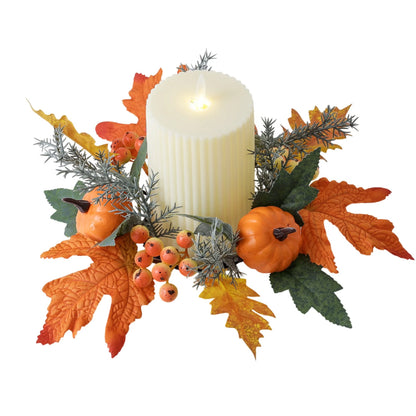 Fall Harvest Pumpkin Maple Leaf Candle Ring Wreath for Thanksgiving Farmhouse Table Centerpiece Decorations and Festival Display