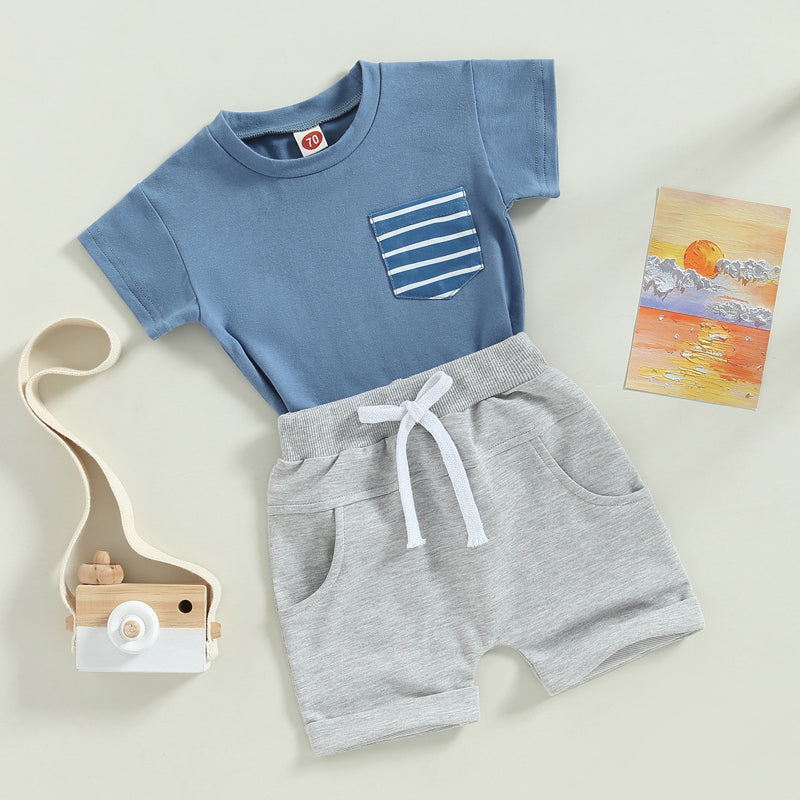 2023-01-10 Lioraitiin 0-3Years Baby Boys 2Pcs Shorts Set Short Sleeve Crew Neck Stripes T-shirt with Elastic Waist Shorts