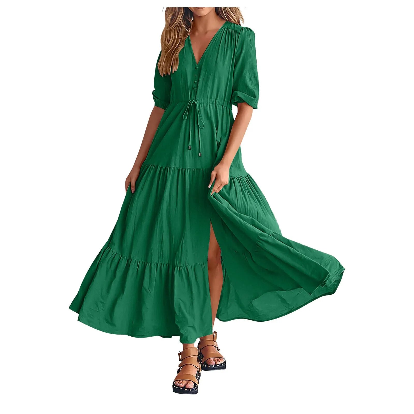 Women Button Drawstring Maxi Dresses Summer Lantern Sleeve Solid Color Boho Long Dresses Sexy A Line Tierred Large Swing Dress