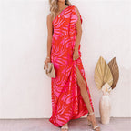 Tropical Printing Women Maxi Dress Summer Elegant One Shoulder Sleeveless Slit Long Party Evening Dress Lady Boho Sundress Robe