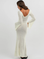 Women s Long  Fit Dress Long Sleeve V Neck Tie Up Knitted Crochet Beach Dresses