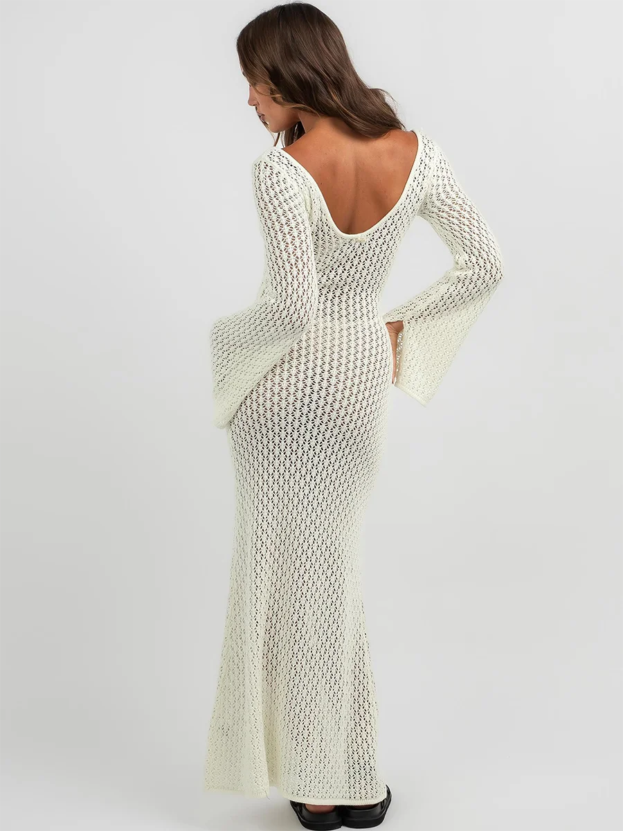Women s Long  Fit Dress Long Sleeve V Neck Tie Up Knitted Crochet Beach Dresses