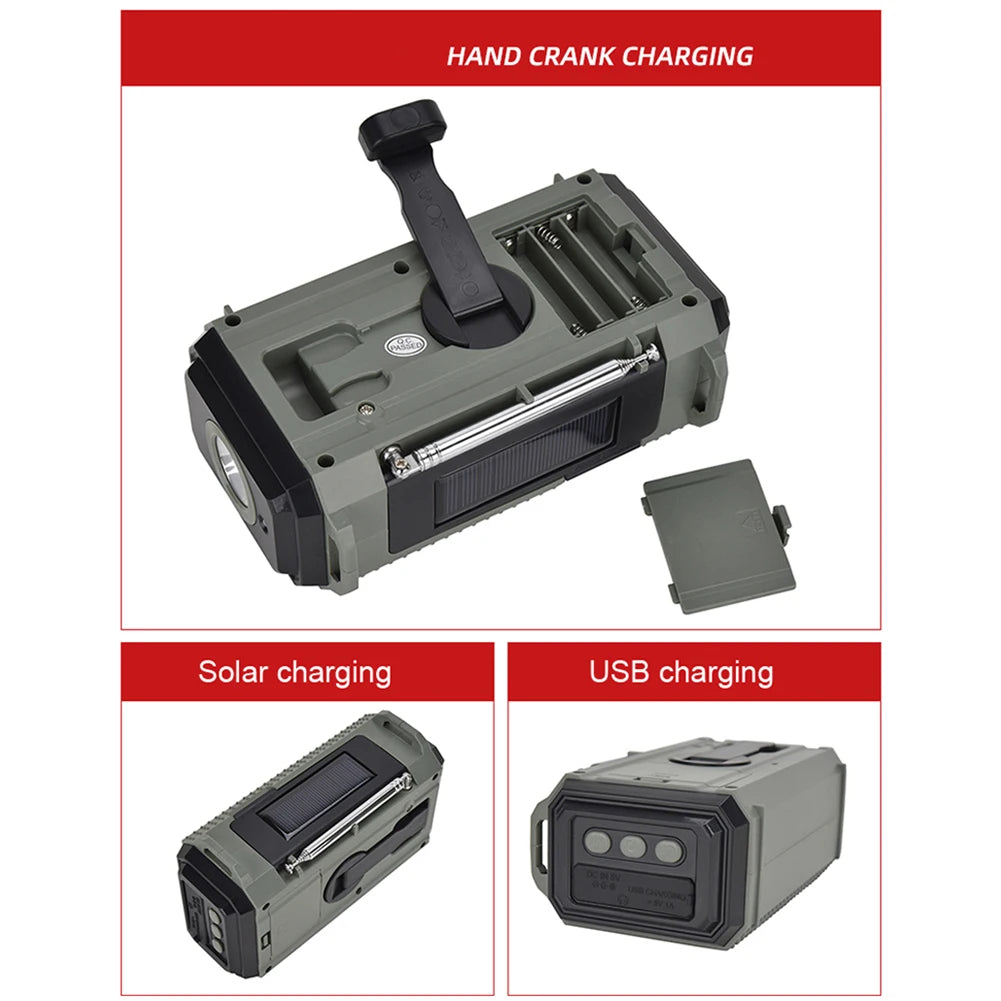 Small Rechargeable Portable Radio Solar Powered Emergency Power Bank survival with LED Flashlight USBC Charging Hand Crank Radio