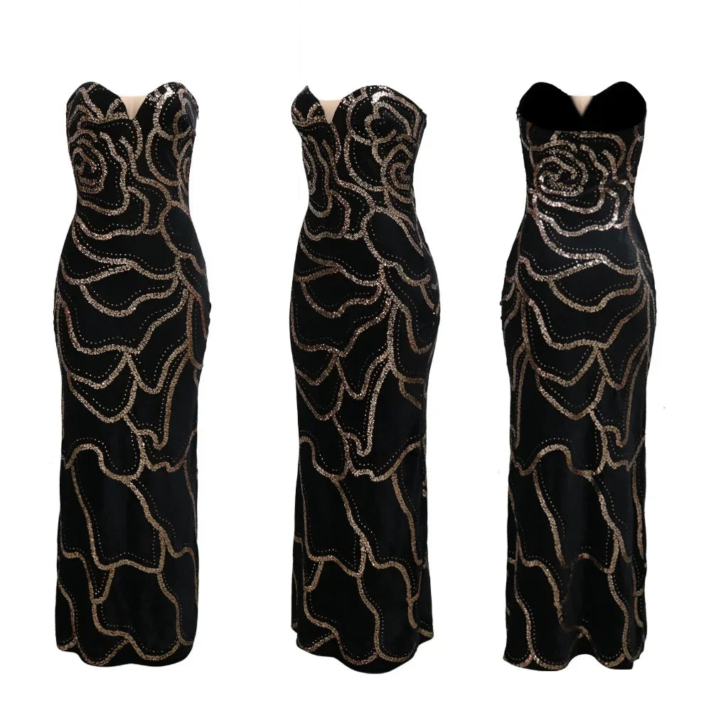 2024 Fall Floral Sequined Strapless Women Sleeveless Long Dress Sexy Birthday Party Evening Prom Maxi Dresses Vestidos